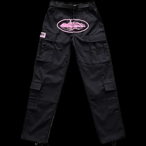 corteiz pants cargo black - pink logo