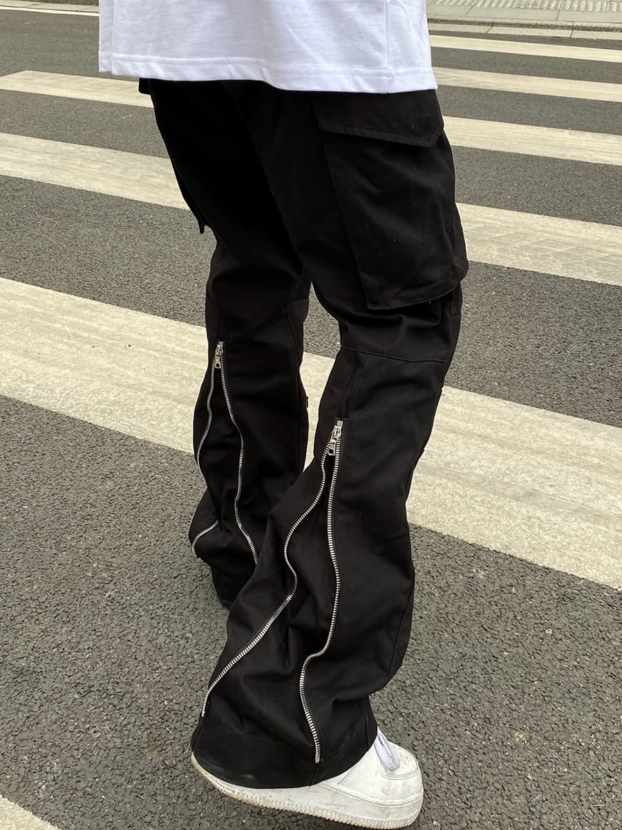 European and American high street vibe style pants black pocket zipper flared pants ins trendy straight overalls men's summer slightly elastic