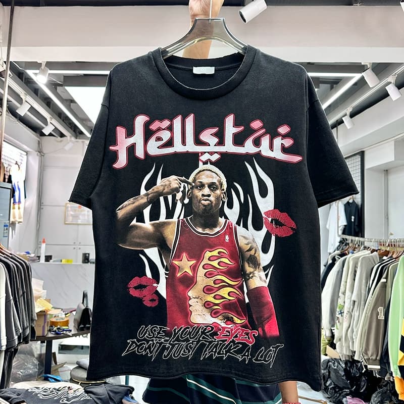 Heavy American Rodman print trendy T-shirt for summer men and women loose hip-hop retro distressed double collar short sleeves