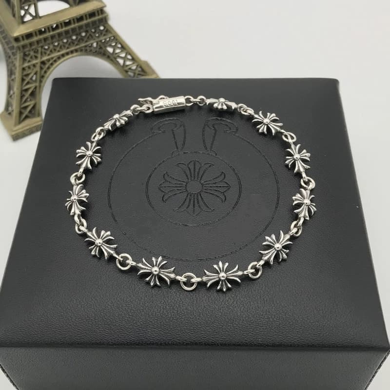 S925 sterling silver bracelet retro Thai silver personality fashion cross flower bracelet trendy men and women couple style European and American fashion accessories